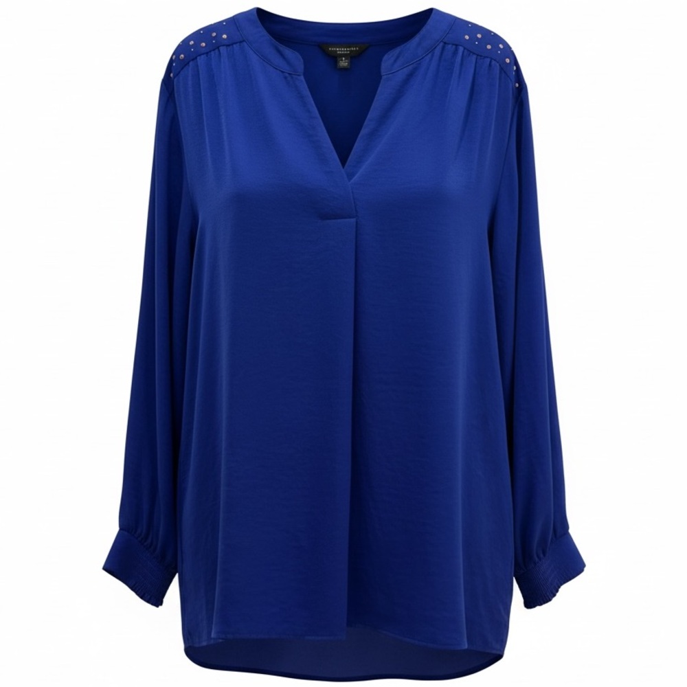 NWT Investments Woman Plus 2X Royal Blue Flowy Blouse Stud Details Long Sleeves